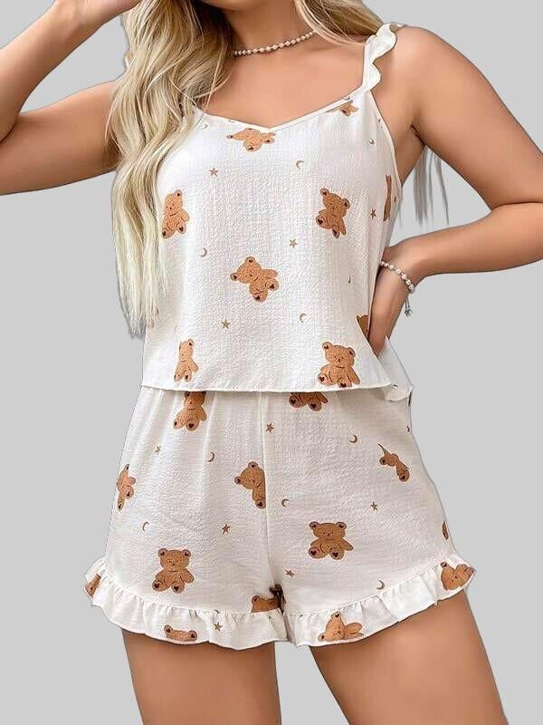 Arias Closet Pamuklu Ayıcık Desen Fırfırlı Askılı Şortlu Pijama Takımı