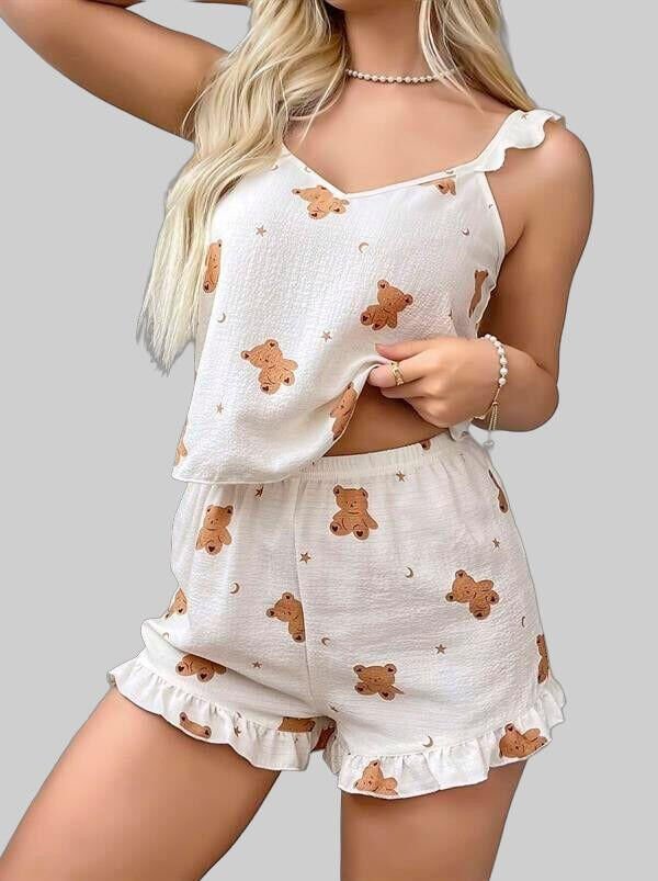 Arias Closet Pamuklu Ayıcık Desen Fırfırlı Askılı Şortlu Pijama Takımı