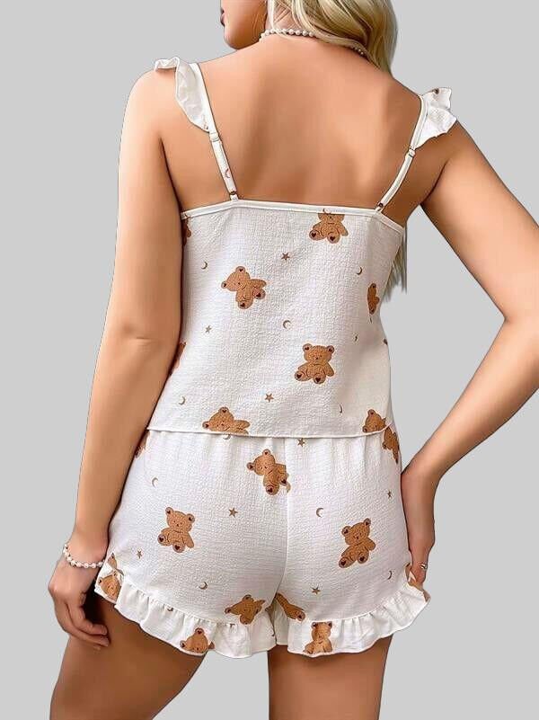 Arias Closet Pamuklu Ayıcık Desen Fırfırlı Askılı Şortlu Pijama Takımı