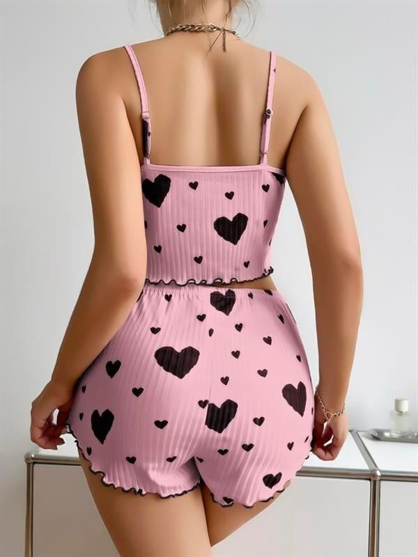 Arias Closet Pamuklu Pembe Üstüne Siyah Kalp Desenli Askılı Fitilli Şortlu Pijama Takımı