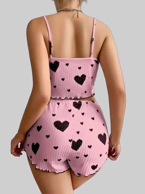 Arias Closet Pamuklu Pembe Üstüne Siyah Kalp Desenli Askılı Fitilli Şortlu Pijama Takımı