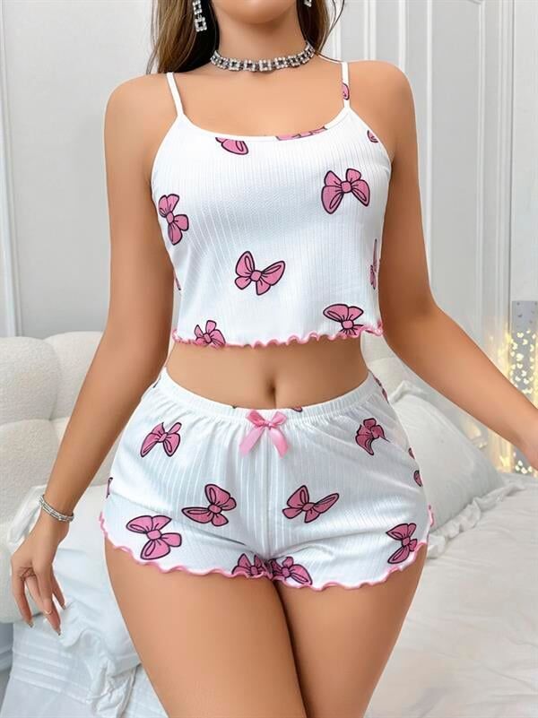 Arias Closet Pamuklu Beyaz Üstüne Pembe Kurdela Desenli Fitilli Askılı Şortlu Pijama Takımı