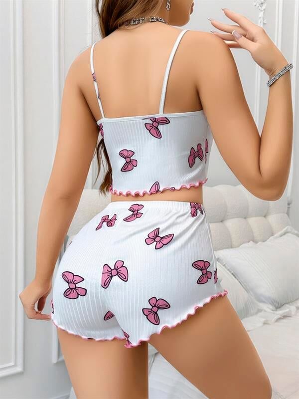 Arias Closet Pamuklu Beyaz Üstüne Pembe Kurdela Desenli Fitilli Askılı Şortlu Pijama Takımı