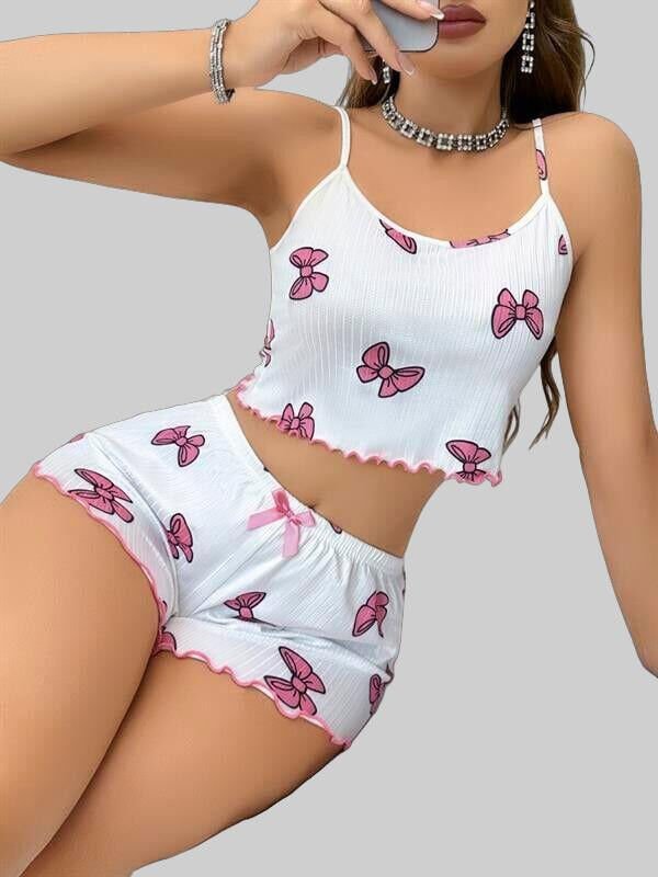 Arias Closet Pamuklu Beyaz Üstüne Pembe Kurdela Desenli Fitilli Askılı Şortlu Pijama Takımı