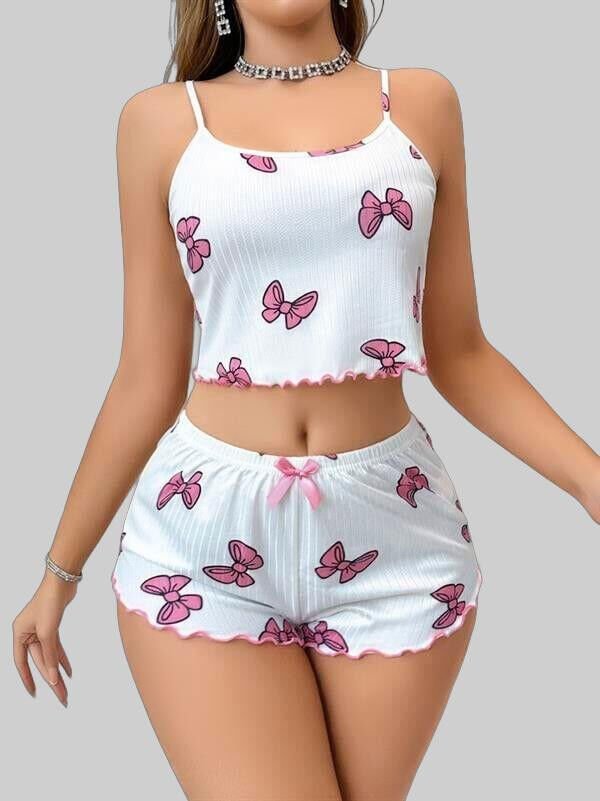 Arias Closet Pamuklu Beyaz Üstüne Pembe Kurdela Desenli Fitilli Askılı Şortlu Pijama Takımı