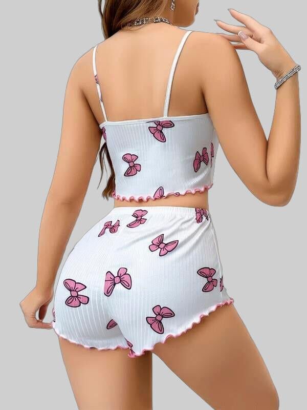 Arias Closet Pamuklu Beyaz Üstüne Pembe Kurdela Desenli Fitilli Askılı Şortlu Pijama Takımı