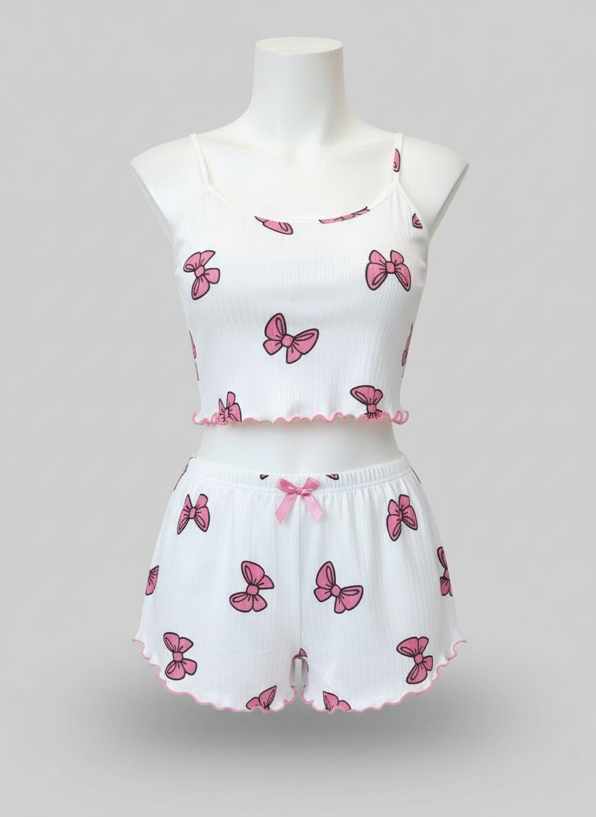 Arias Closet Pamuklu Beyaz Üstüne Pembe Kurdela Desenli Fitilli Askılı Şortlu Pijama Takımı