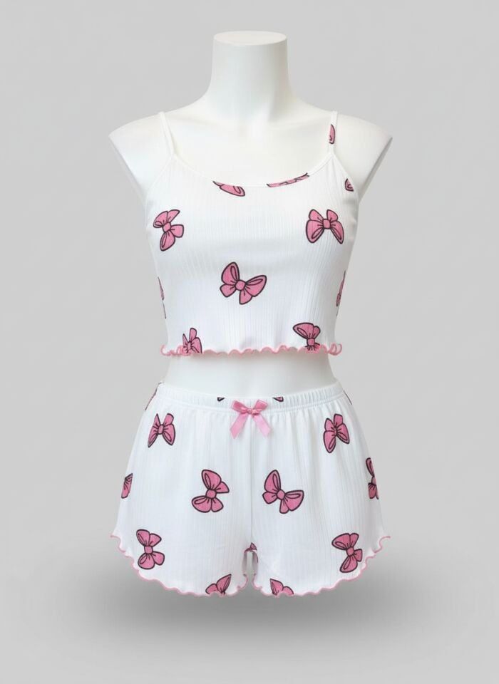 Arias Closet Pamuklu Beyaz Üstüne Pembe Kurdela Desenli Fitilli Askılı Şortlu Pijama Takımı
