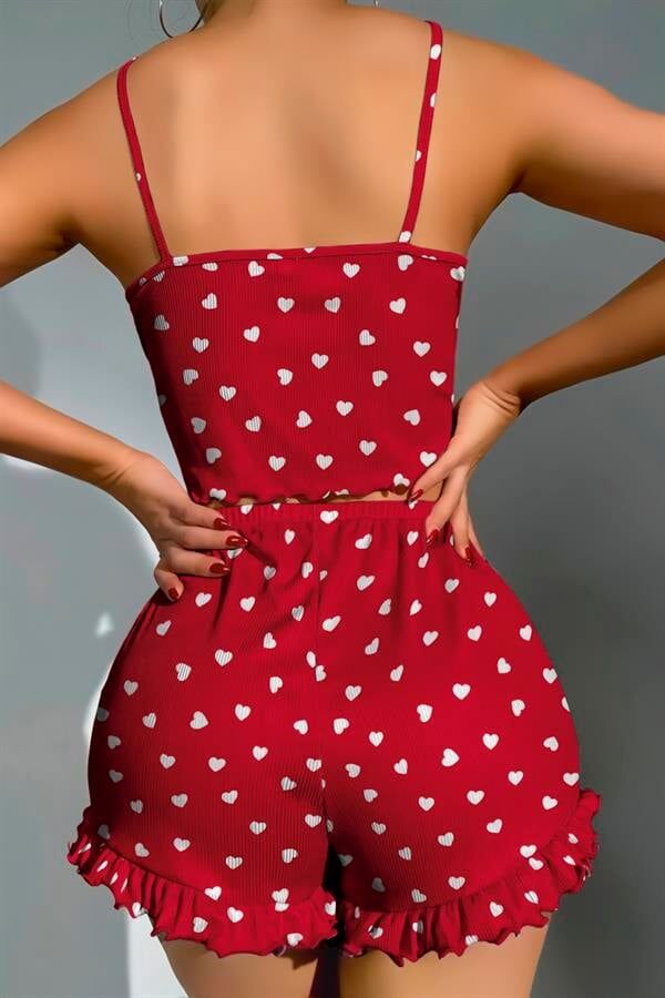 Arias Closet Pamuklu Kırmızı Üstüne Beyaz Kalp Desen Fitilli Askılı Şortlu Pijama Takımı