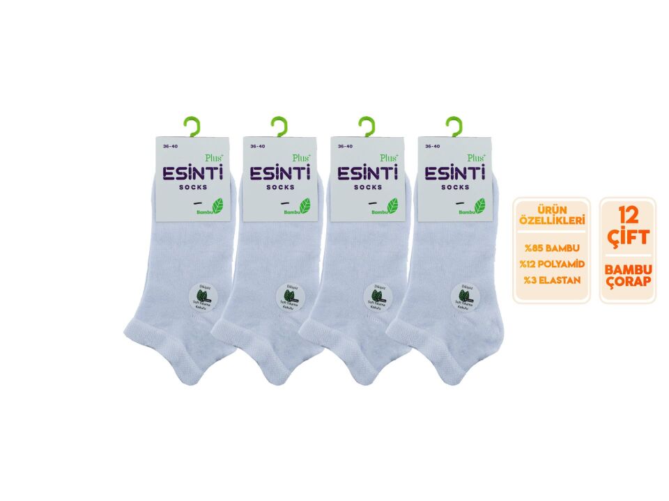 Esinti 21-Beyaz Dikişsiz Bayan Bambu Patik 12'li
