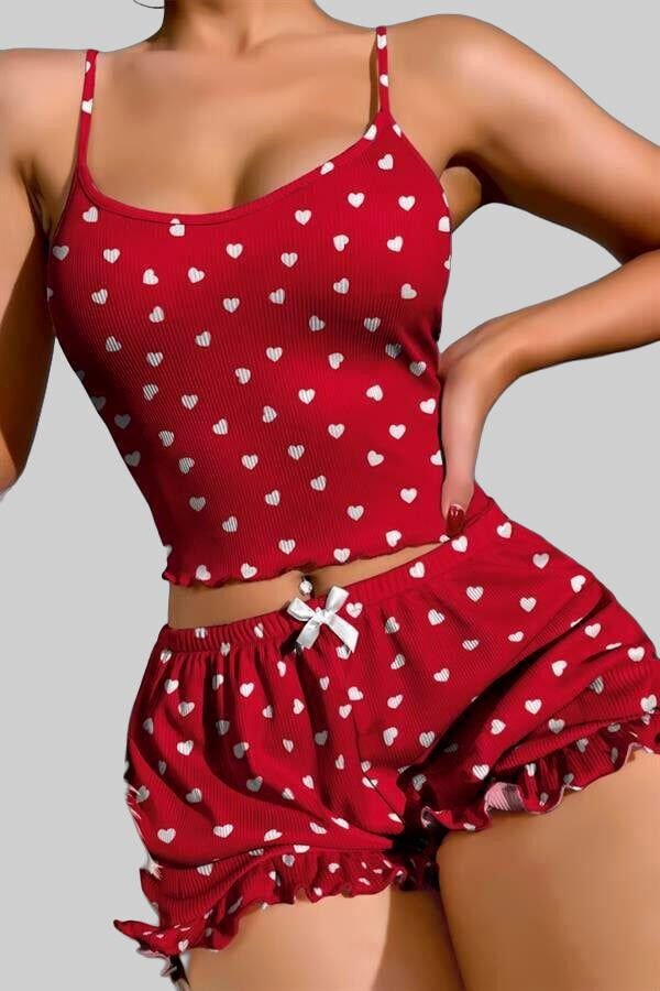 Arias Closet Pamuklu Kırmızı Üstüne Beyaz Kalp Desen Fitilli Askılı Şortlu Pijama Takımı