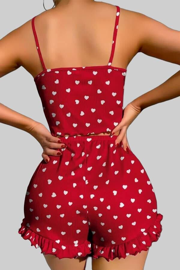 Arias Closet Pamuklu Kırmızı Üstüne Beyaz Kalp Desen Fitilli Askılı Şortlu Pijama Takımı