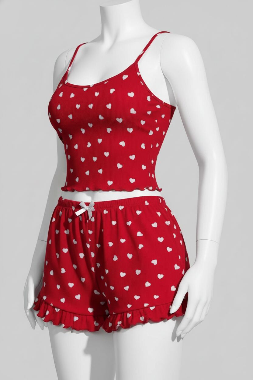 Arias Closet Pamuklu Kırmızı Üstüne Beyaz Kalp Desen Fitilli Askılı Şortlu Pijama Takımı
