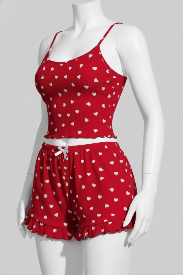 Arias Closet Pamuklu Kırmızı Üstüne Beyaz Kalp Desen Fitilli Askılı Şortlu Pijama Takımı