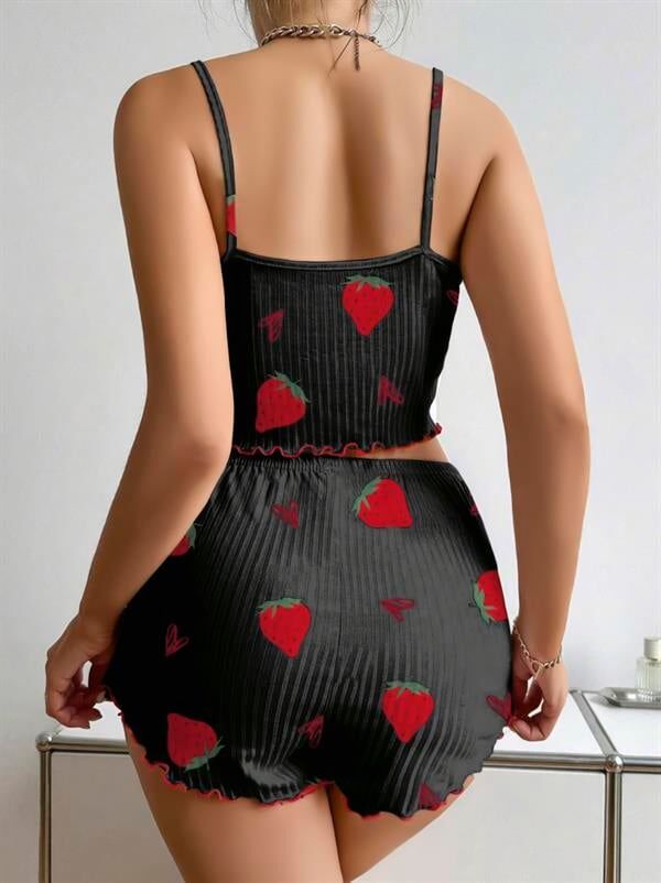 Arias Closet Pamuklu Siyah Üstüne Çilek Desen Fitilli Askılı Şortlu Pijama Takımı