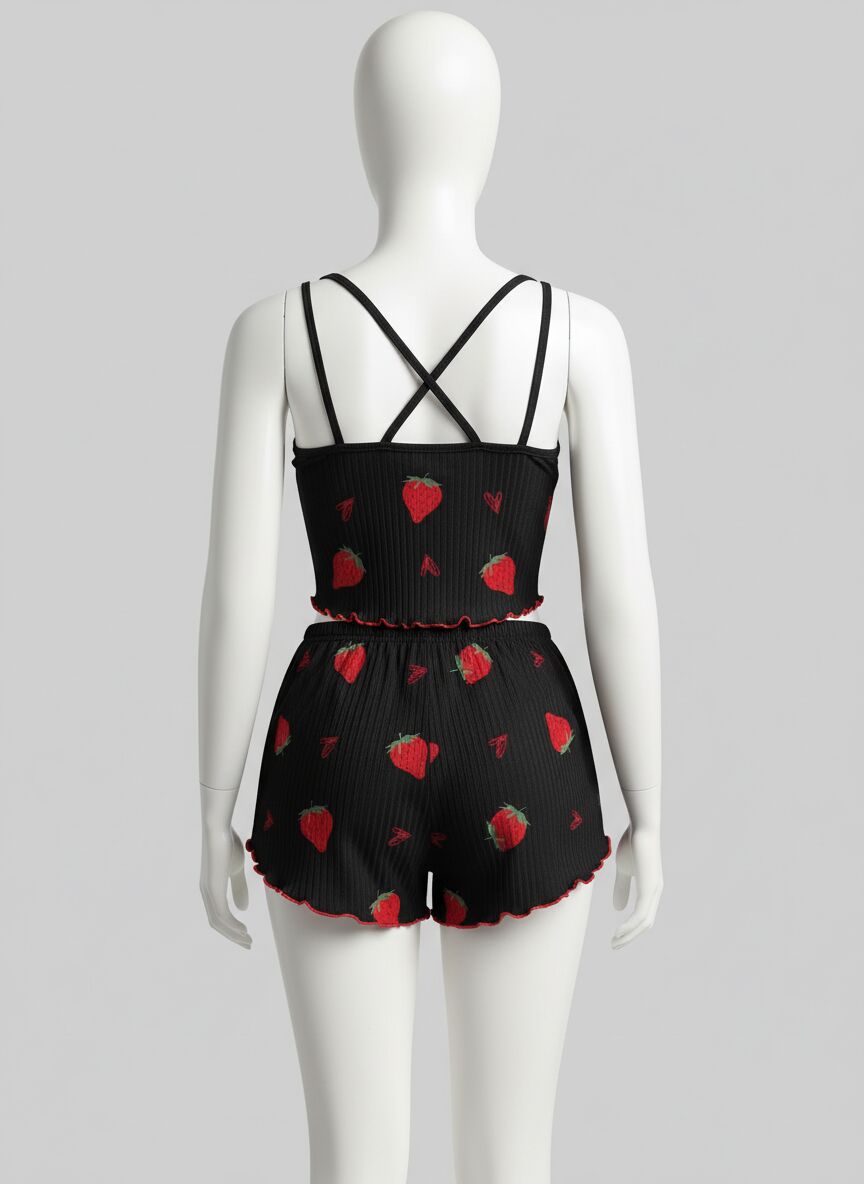 Arias Closet Pamuklu Siyah Üstüne Çilek Desen Fitilli Askılı Şortlu Pijama Takımı