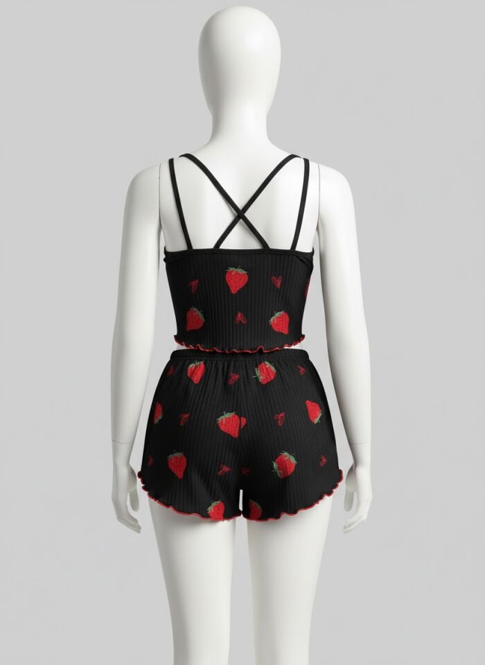 Arias Closet Pamuklu Siyah Üstüne Çilek Desen Fitilli Askılı Şortlu Pijama Takımı