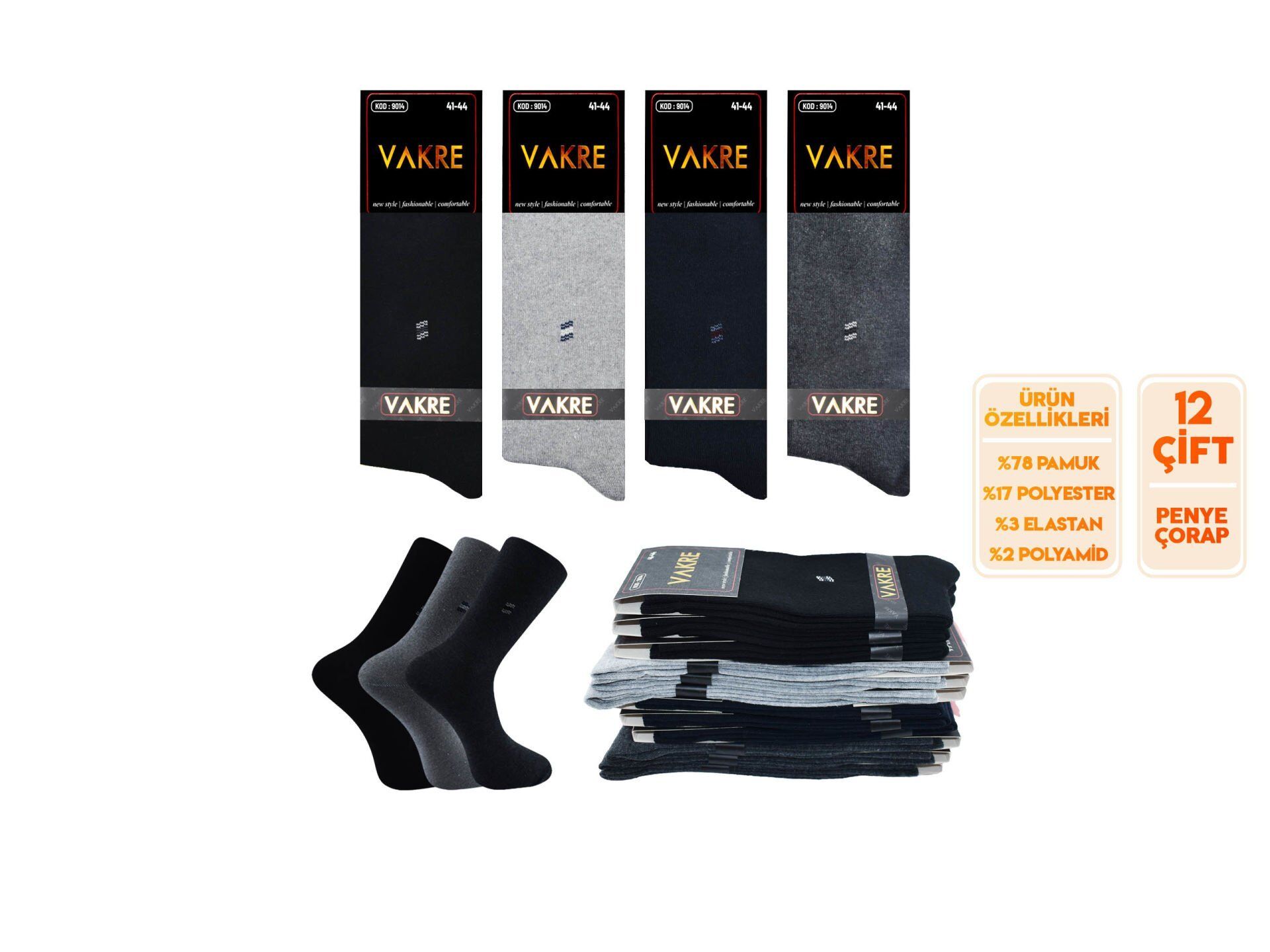 Vakre 9014-22 Erkek Penye Likralı Çorap 12'li
