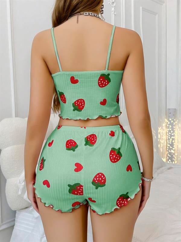 Arias Closet Pamuklu Yeşil Üstüne Çilek Desen Fitilli Askılı Şortlu Pijama Takımı