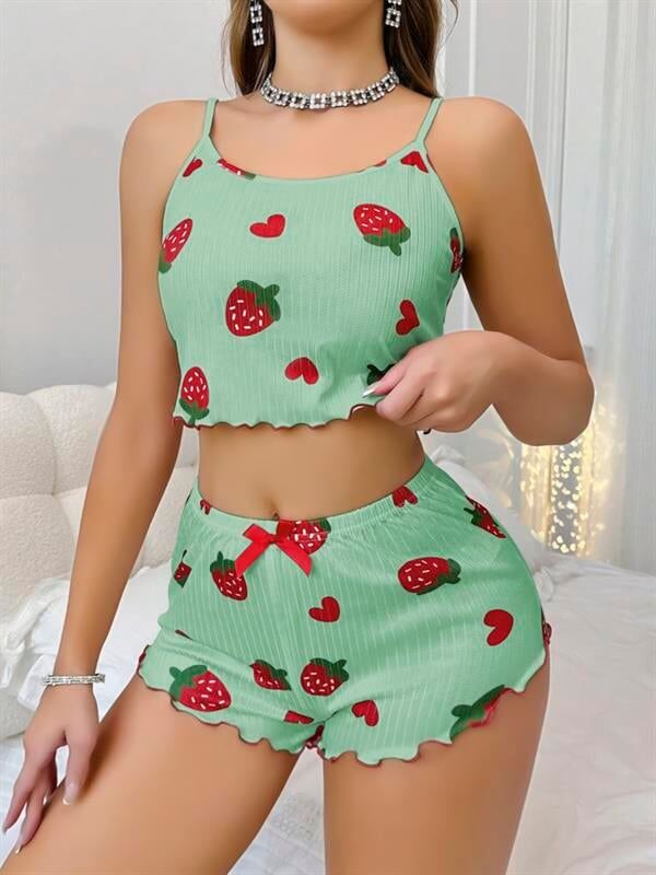 Arias Closet Pamuklu Yeşil Üstüne Çilek Desen Fitilli Askılı Şortlu Pijama Takımı