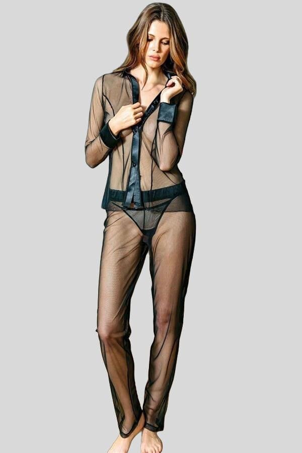 Kadın Tül Önden Düğmeli Uzun Kollu Gömlek String ve Pantolon Pijama 3'lü Takım