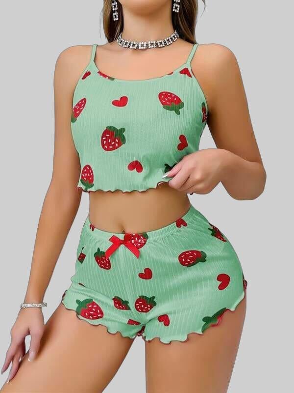 Arias Closet Pamuklu Yeşil Üstüne Çilek Desen Fitilli Askılı Şortlu Pijama Takımı