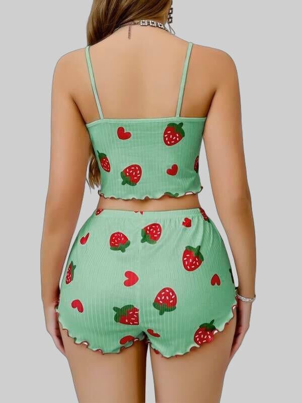 Arias Closet Pamuklu Yeşil Üstüne Çilek Desen Fitilli Askılı Şortlu Pijama Takımı