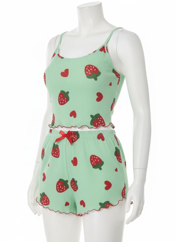 Arias Closet Pamuklu Yeşil Üstüne Çilek Desen Fitilli Askılı Şortlu Pijama Takımı