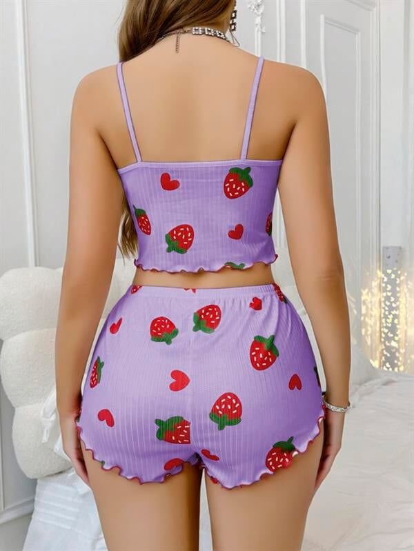 Arias Closet Pamuklu Lila Üstüne Çilek Desen Fitilli Askılı Şortlu Pijama Takımı