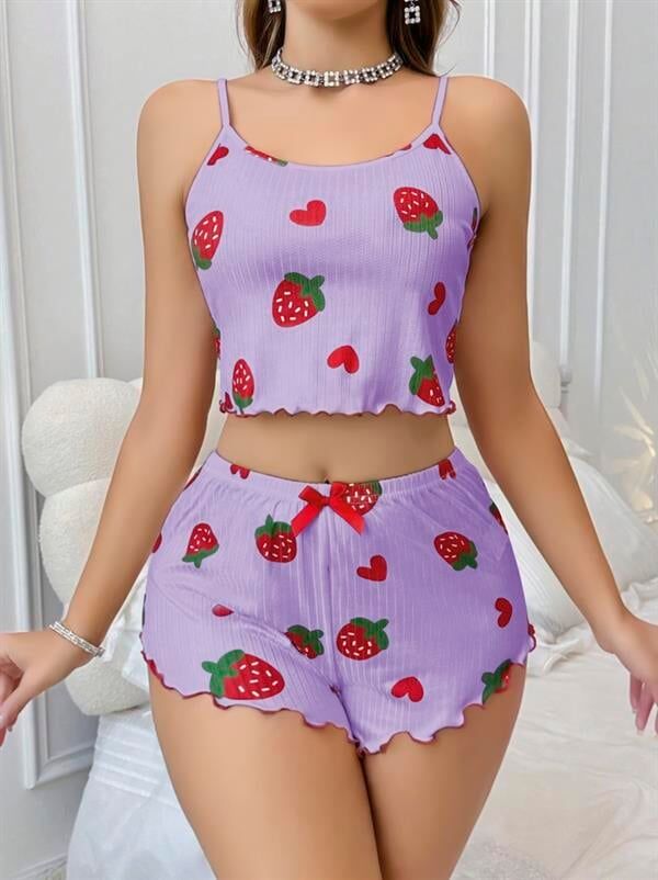 Arias Closet Pamuklu Lila Üstüne Çilek Desen Fitilli Askılı Şortlu Pijama Takımı