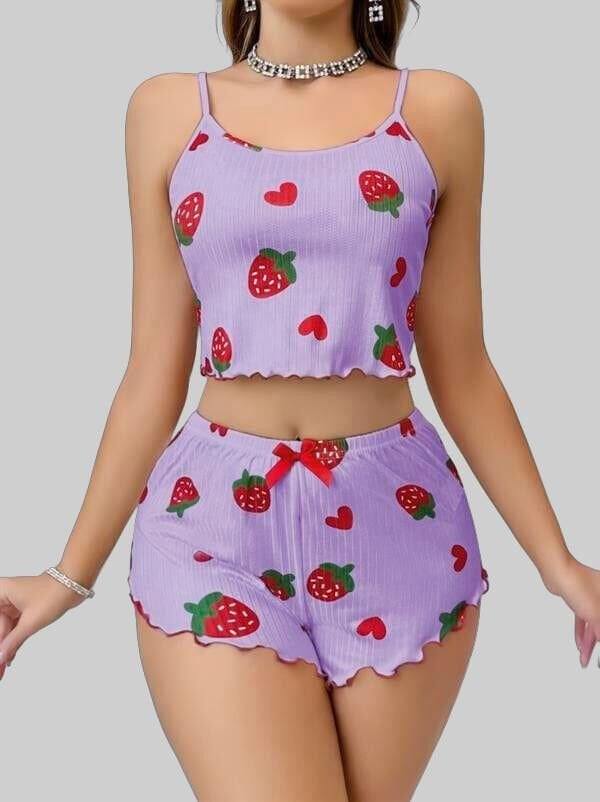 Arias Closet Pamuklu Lila Üstüne Çilek Desen Fitilli Askılı Şortlu Pijama Takımı