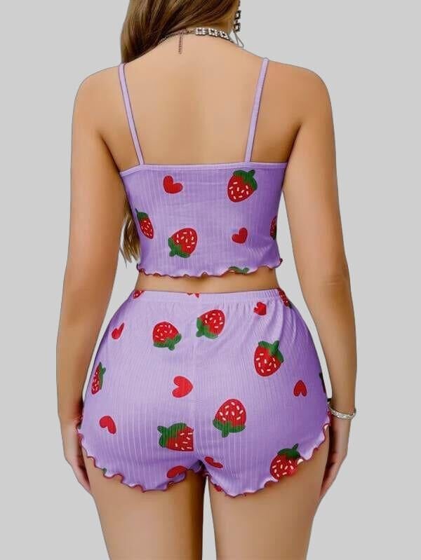 Arias Closet Pamuklu Lila Üstüne Çilek Desen Fitilli Askılı Şortlu Pijama Takımı