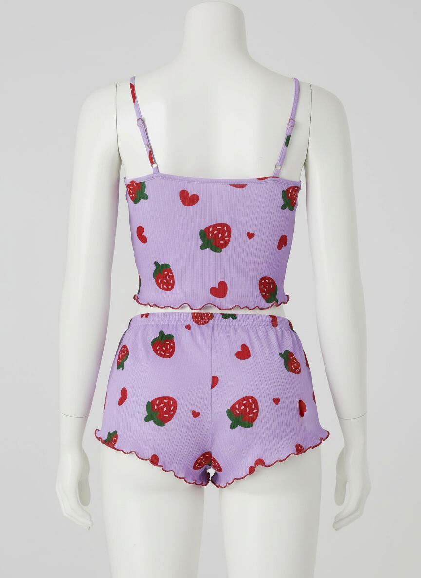 Arias Closet Pamuklu Lila Üstüne Çilek Desen Fitilli Askılı Şortlu Pijama Takımı