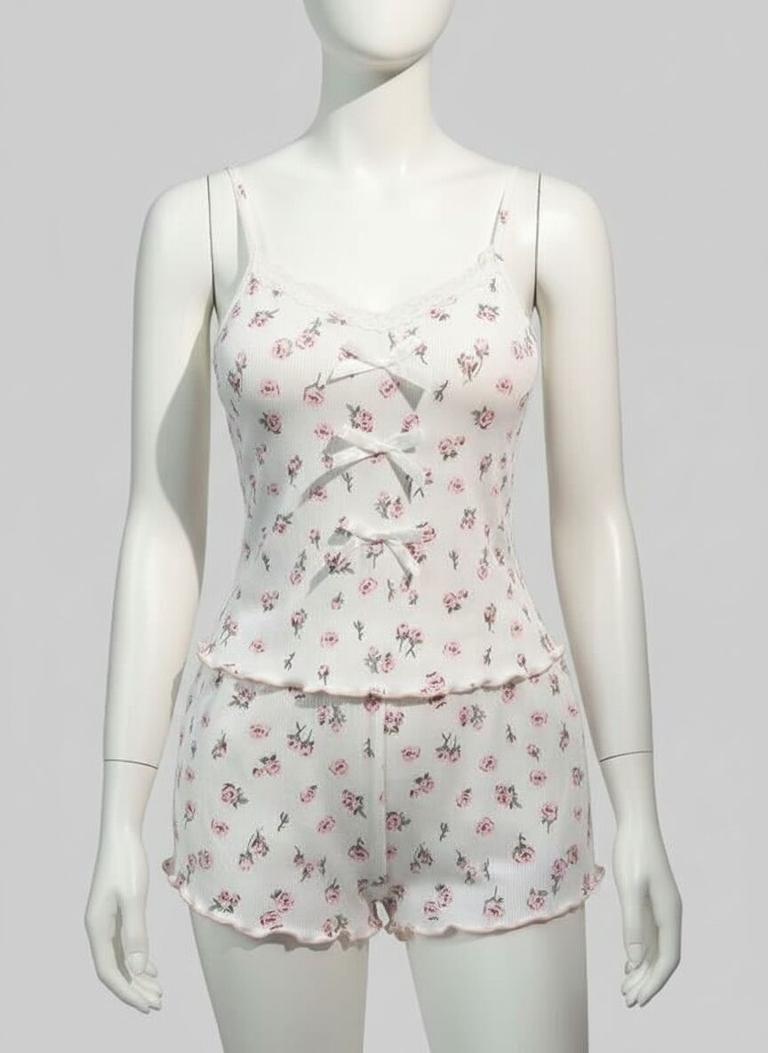 Arias Closet Pamuklu Beyaz Üstüne Çiçek Desen Fitilli Askılı Şortlu Pijama Takımı