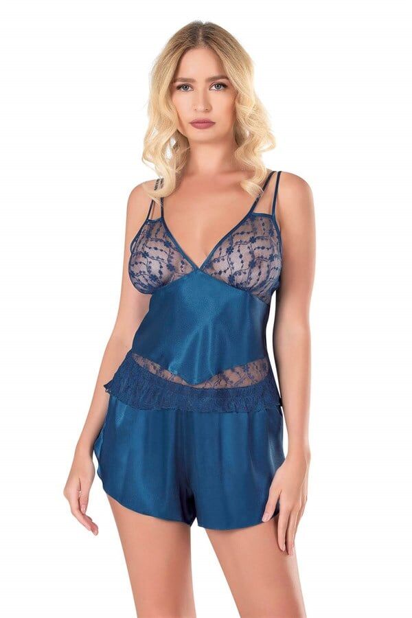 Arias Closet Petrol Mavisi Saten Babydoll Şort Takımı