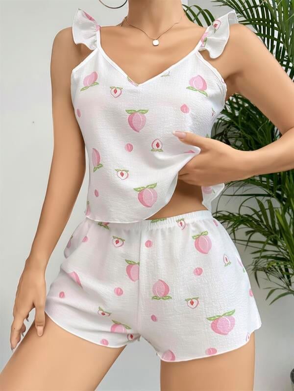 Arias Closet Pamuklu Beyaz Üstüne Çiçek Desen Fırfır Askılı Şortlu Pijama Takımı