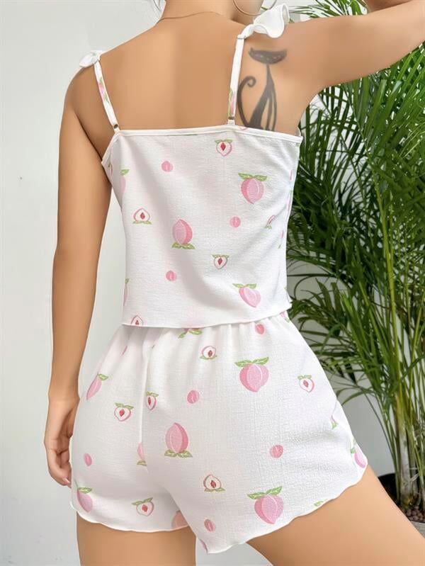 Arias Closet Pamuklu Beyaz Üstüne Çiçek Desen Fırfır Askılı Şortlu Pijama Takımı