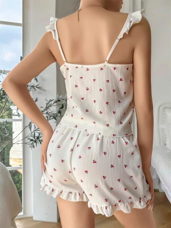 Arias Closet Pamuklu Beyaz Üstüne Kiraz Desen Fırfır Askılı Şortlu Pijama Takımı