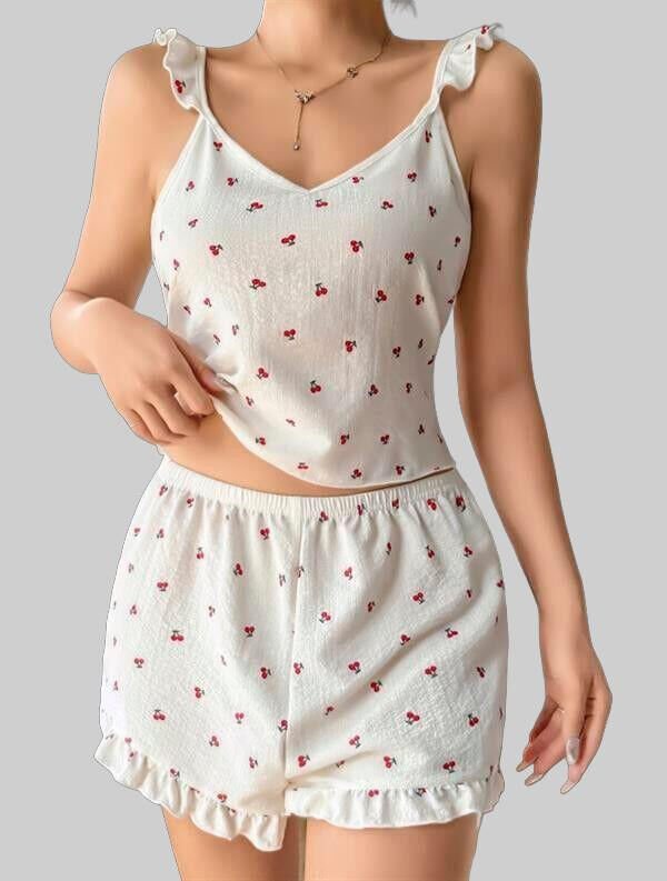 Arias Closet Pamuklu Beyaz Üstüne Kiraz Desen Fırfır Askılı Şortlu Pijama Takımı