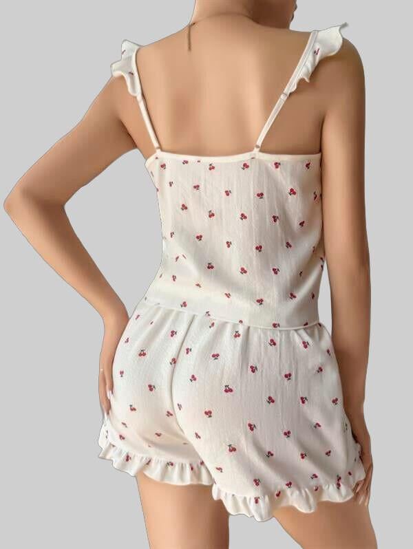 Arias Closet Pamuklu Beyaz Üstüne Kiraz Desen Fırfır Askılı Şortlu Pijama Takımı