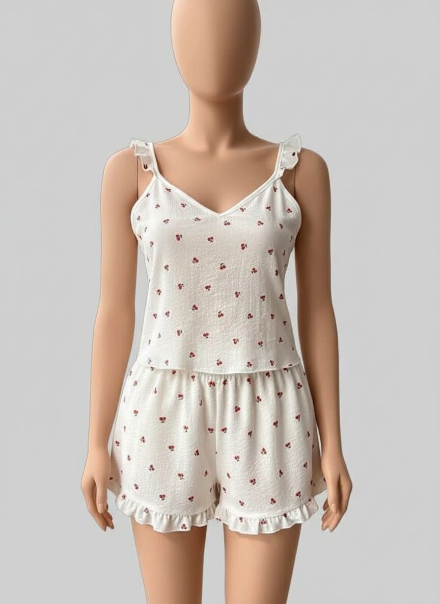 Arias Closet Pamuklu Beyaz Üstüne Kiraz Desen Fırfır Askılı Şortlu Pijama Takımı