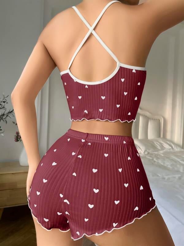 Arias Closet Pamuklu Kahverengi Üstüne Beyaz Kalp Desen Fitilli Askılı Şortlu Pijama Takımı