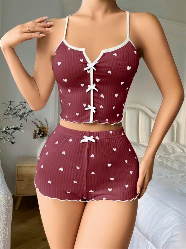 Arias Closet Pamuklu Kahverengi Üstüne Beyaz Kalp Desen Fitilli Askılı Şortlu Pijama Takımı