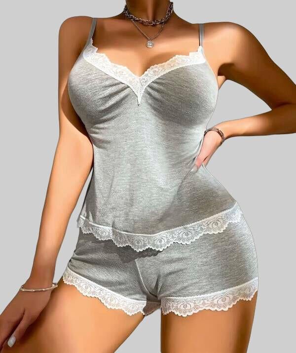 Arias Closet Pamuklu Dantel İşlemeli Gri Askılı Şortlu Pijama Takımı