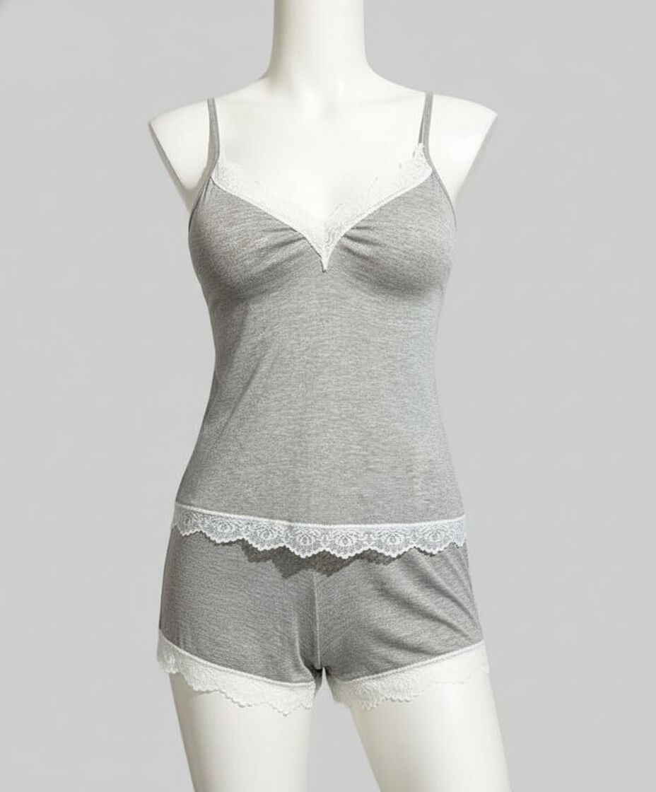 Arias Closet Pamuklu Dantel İşlemeli Gri Askılı Şortlu Pijama Takımı