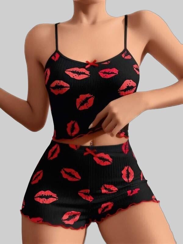 Arias Closet Pamuklu Kiss Öpücük Desen Siyah Fitilli Şortlu Pijama Takımı