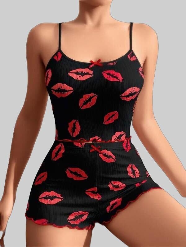 Arias Closet Pamuklu Kiss Öpücük Desen Siyah Fitilli Şortlu Pijama Takımı