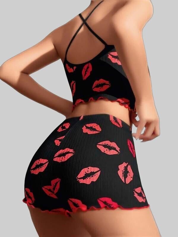 Arias Closet Pamuklu Kiss Öpücük Desen Siyah Fitilli Şortlu Pijama Takımı