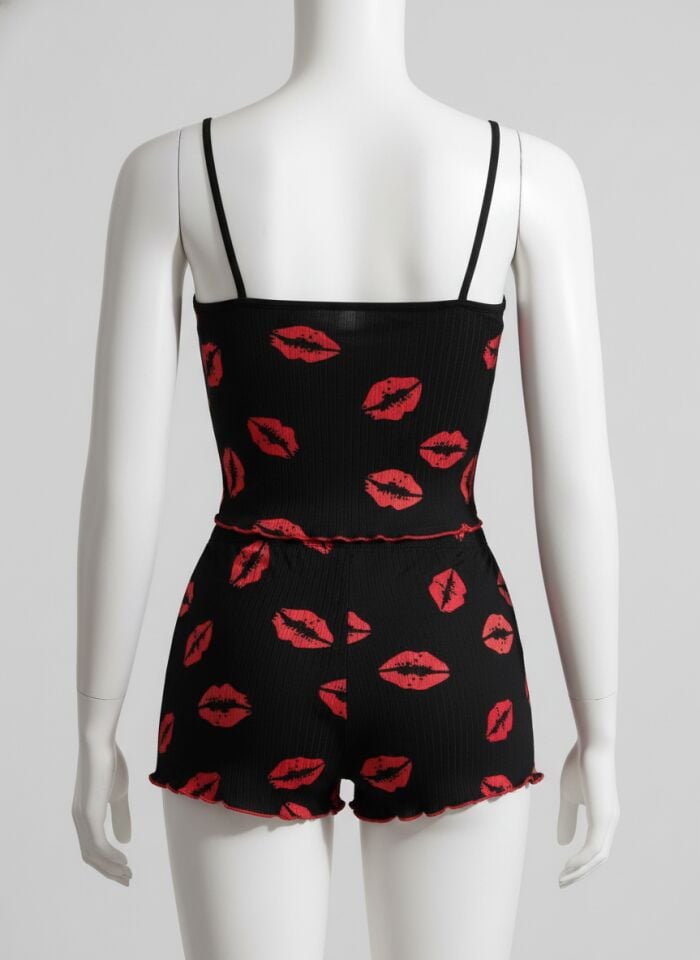 Arias Closet Pamuklu Kiss Öpücük Desen Siyah Fitilli Şortlu Pijama Takımı