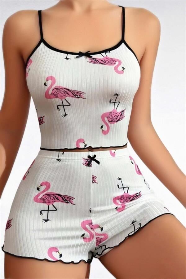 Arias Closet Pamuklu Beyaz Üstüne Pelikan Desen Fitilli Askılı Şortlu Pijama Takımı